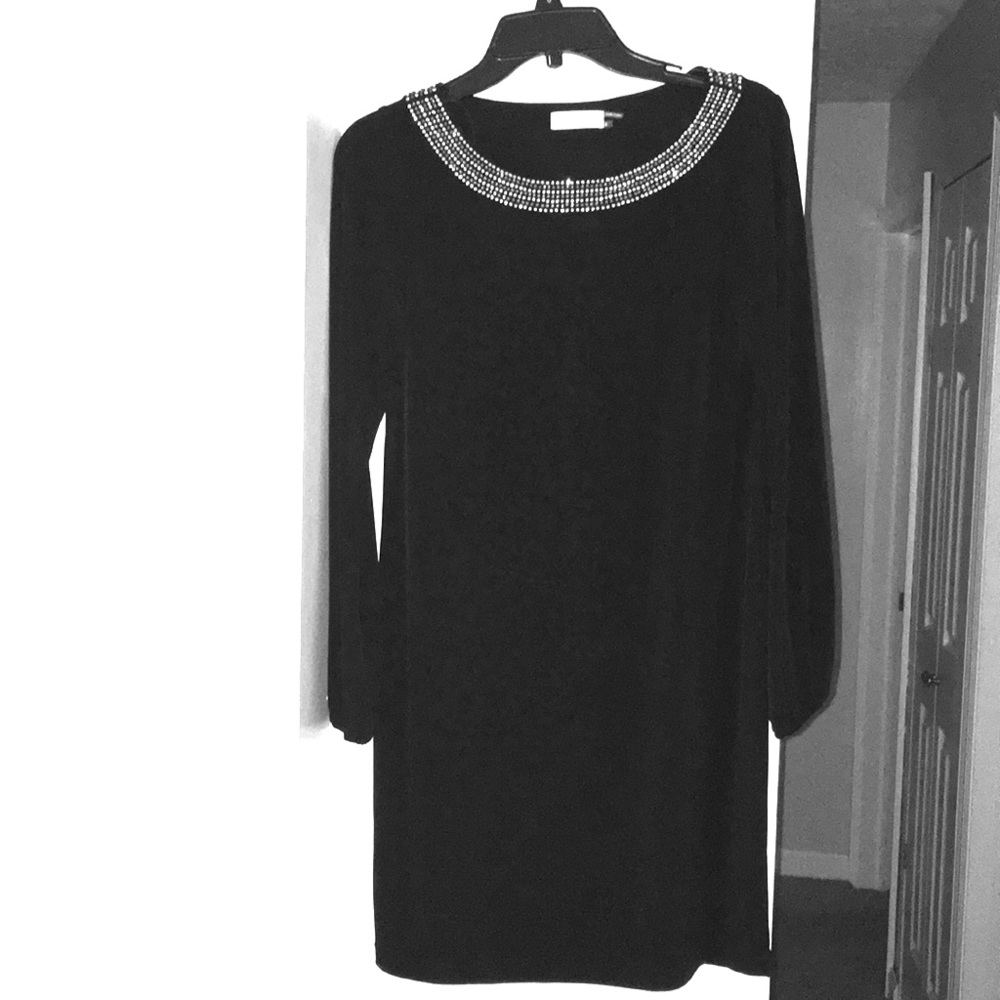 CK LBD with long sleeves and rhinestone neckline